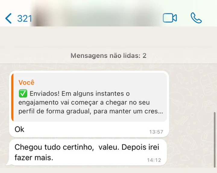 Print de conversa no WhatsApp com nome e número ocultos: cliente confirma que chegou tudo certinho e diz que vai fazer mais pedidos.